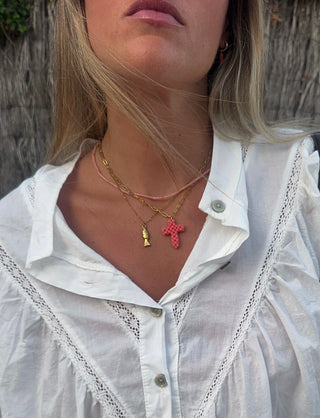 Cadena cruz bolitas coral